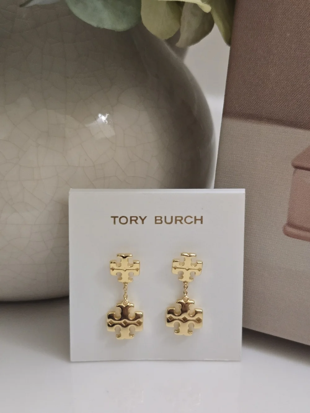 NWT Tory Burch Kira Gold Tone Double Logo Drop Earrings